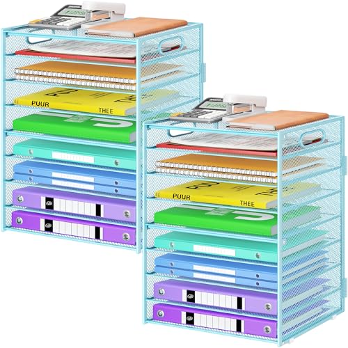 Cawukege 2 Pack 9 Tier Paper Organizer with Handle, Large Capacity Desk Organizer Mesh Paper Letter Tray File Folder Document Sorter for Classroom and Office Accessories Organization- Blue