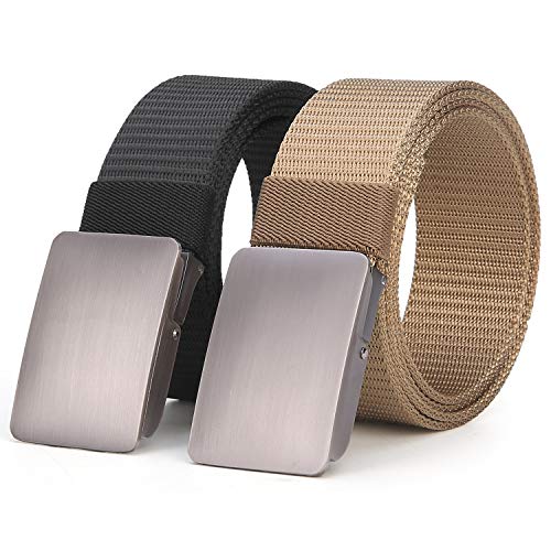 ANDY GRADE Nylon Belts with Simple Buckle,Tactical Rigger Webbing Waist Adjustable Belt for Men Jeans (Black + Khaki (2 Pack), S - Length 45 inch, fits Waist 30"-36")
