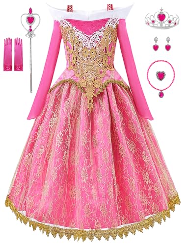 Aoiviss Girls Princess Costume Dresses Pink Princess Dress Up Clothes with Accessories for Halloween Cosplay Carnival Party