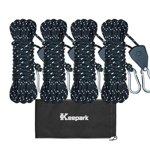 Camping Rope Guy Line - Tie Down Ropes with Ratchet System, Pulley & Reinforced Metal Gear - Heavy Duty Guy Lines for Canopy Tent, Quick Setup Outdoor Strap (1/6" Dia. x 13.12' L, 4PCS, Black)