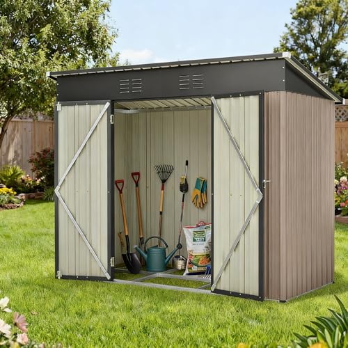 FammyLoft Gartenhaus Metall, Garten Geräteschuppen Metall, Gerätehaus, Gartenschrank Wasserdicht für Outdoor Terrasse, Inkl Metallfundament (Ohne Boden), Braun