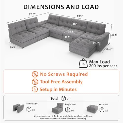 Image of Oversized Modular Sectional Sofa with Storage, Modern Deep Seat Cloud Couch for Living Room, L-Shaped Large Sectional Couch, 6 Seater with Ottoman, Gray