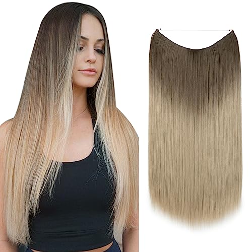 SARLA Ombre Invisible Wire Hair Extensions Brown to Ash Blonde Straight Short Synthetic Hairpieces 14 Inch Adjustable Transparent Headband for Women No Clip