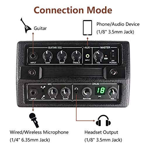 Kithouse B9 Electric Guitar Amp Mini Rechargeable Guitar Amplifier Portable Microphone Speaker with 18 Types Drum Beats, Microphone & AUX Input, Headset Output
