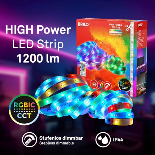 BRILONER - LED Strip 5m mit Fernbedienung, dimmbar, RGB IC dynamischer Farbwechsel, CCT, LED Streifen, Leiste, Zimmer Deko, Gaming Deko, Band, Party, Lichtleiste, 5000x10x3 mm, Weiß