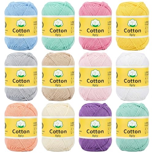 The Left Bridge 12 PCS 100% Pure Cotton Yarn Kit Amigurumi Cotton DK Yarn for Crochet and Knitting 8 Ply Crochet Thread Set for Colorful Crafts Wool for Knitting