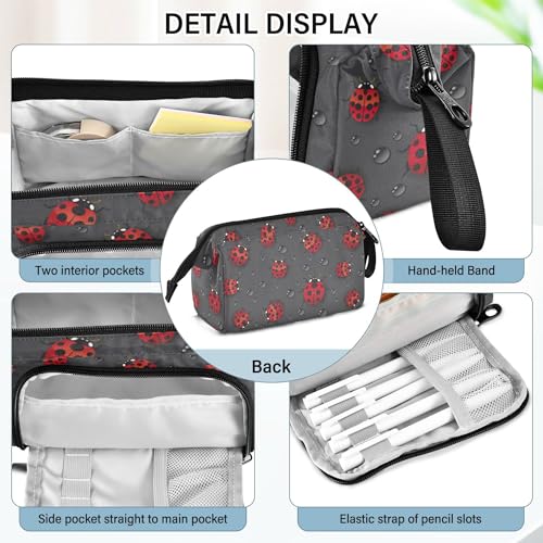 Image of Fisyme Red Ladybugs Pencil Case Large Capacity Pencil Pouch Pen Bag Box Big Makeup Pencil Case Organizer
