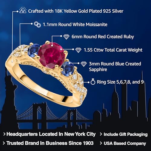 Gem Stone King 18K Yellow Gold Plated Silver Red Created Ruby Blue Created Sapphire and White Moissanite Engagement Ring For Women (1.55 Cttw, Gemstone July Birthstone, Round 6MM and 3MM)2