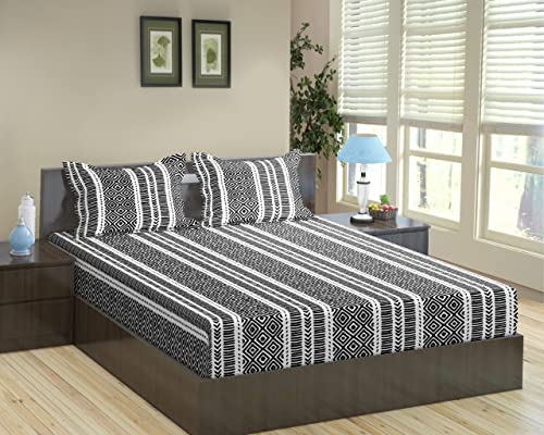 Image of Trance Home Linen 200TC 100% Cotton 75 inchx72 inchKing Bed Size Elastic Fitted Bedsheet | Printed Double Size Bed Elasticated Fitted Bedspread with 2 Pillow Covers (75x72 inch, Aztec Black)