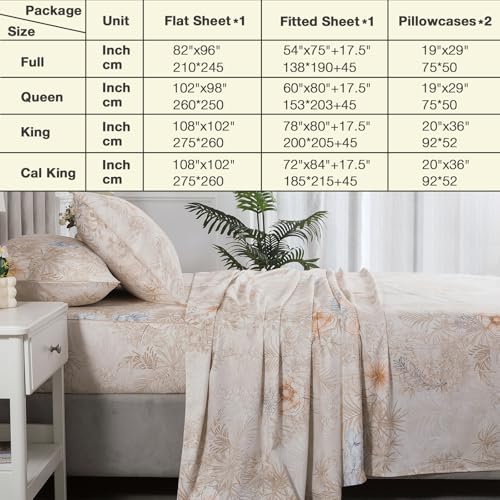 Image of Deep Pocket Percale Sheets Queen Size Beige Vintage Floral, 4Pcs | 100% Cotton Soft Crisp Farmhouse Sheet Set, Shabby Chic Flower Patterned Bed Sheets, Aesthetic Toile Bedding, Botanical Print