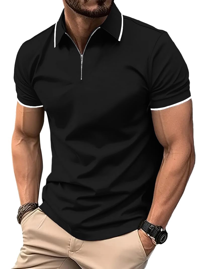 ZITY Mens Quarter Zip Polo Shirts Casual Classic Short Sleeve Contrast Collar Polo T Shirts