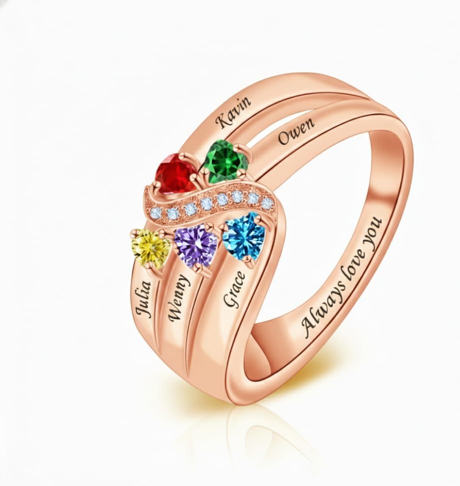 2-6 Birthstones Promise Ring for Women Custom Heart Birthstones Mother Rings Solid 10K/14K/18K White Yellow Rose Gold Engraved Names Engagement Mother Day Rings for Her Wife Mom