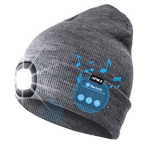 ATNKE LED Lighted Bluetooth Beanie Cap, USB Rechargeable Wireless Musical Running Hat Ultra Bright 4 LED Waterproof Light Lamp Use for Skiing Hiking Camping Cycling/Grey