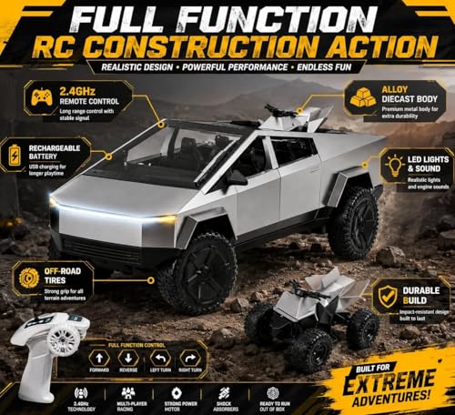 Image of Remote Control Cyber Truck Toy for Kids, Alloy Diecast with Rechargeable Battery, 2.4GHz Off Road Remote Control Cyber Truck, LED Lights & Sound, Heavy Duty RC Car for Boys (RC TESALA CAR)