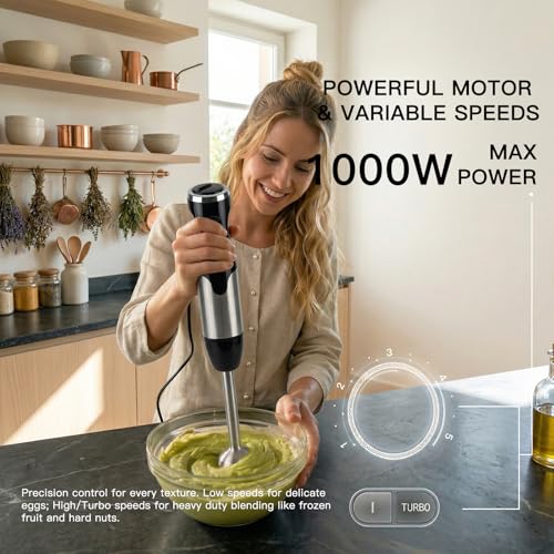 Image of MEGAWISE HB-2062B 5-in-1 Hand Immersion Blender Set, 1000W Powerful Stick Blender with Turbo Mode, Variable Speed Control, Stainless Steel Blade, Includes Whisk, Milk Frother, Chopper Bowl & Beaker