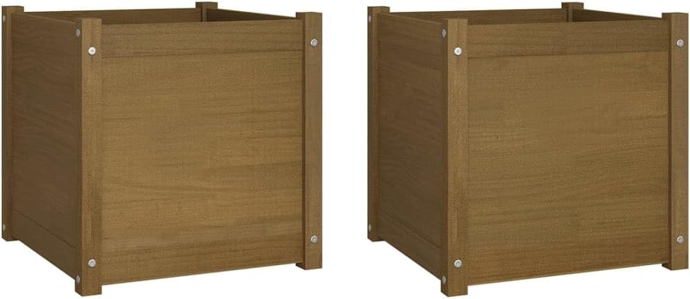 2-Pack Rustic Pine Wood Planter Boxes 19.7" Raised Garden Bed Set Honey Brown Outdoor Square Flower Bed for Patio Balcony Yard