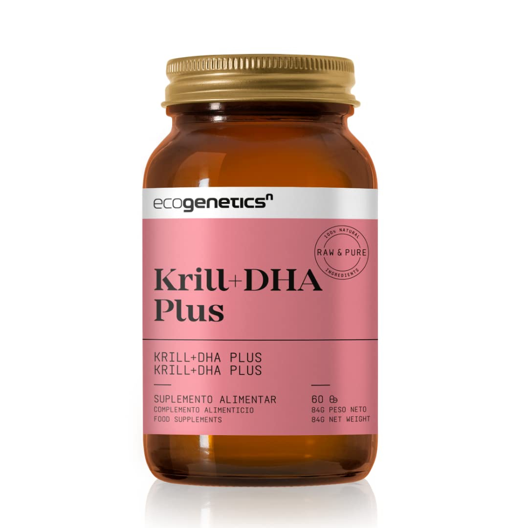 ECOGENETICS - Huile de Krill+DHA Plus 60 Capsules Molles | Source Premium d'Omega 3 (415mg par capsule) pour la Santé Cardiovasculaire | Stimulant Cérébral Idéal pour la Concentration et la Mémoire