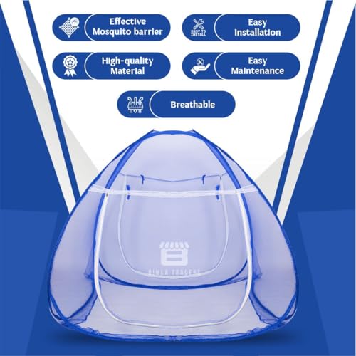 Image of Btag 100% Polyester Foldable Mosquito Net - Premium Durable Insect Protection with Strong Frame, Easy Setup & Portable Storage Bag - Ideal for Home, Travel, Outdoor Use.|Clr Net | Queen| Blue
