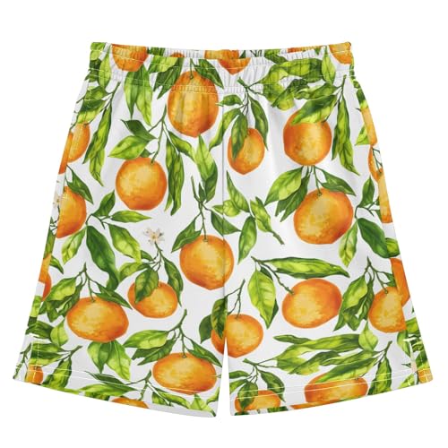 CHIFIGNO Oranges Green Leaves White Boys Baseball Shorts Wide-Leg Boys Cool Shorts for Summer Outings with Pockets XS - Main Image
