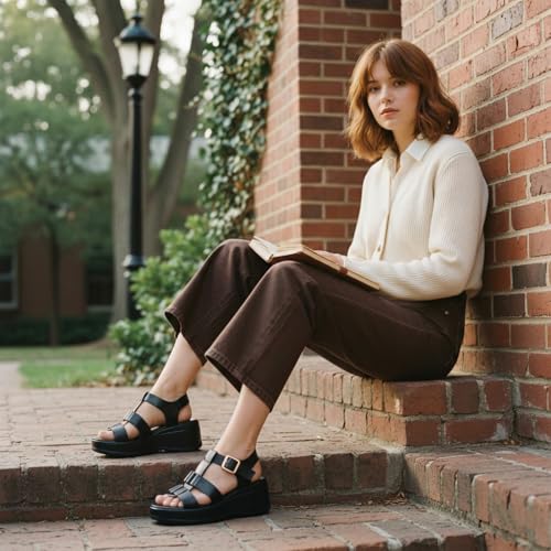 Image of Platform Sandals Women Chunky Wedge Sandals for Women Comfortable | Women's Flat Summer Shoes Round Open Toe with Arch Support Wide Strap Faux Leather Wedges for Beach Camping Travel Office