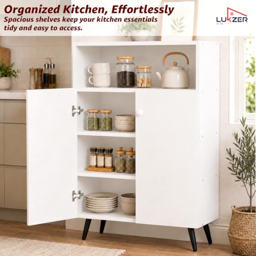Image of Lukzer Wooden Book Shelf & Storage Cabinet with White Doors (MR-034 /White) Engineered Wood Bookshelf for Home, Bedroom, Office & Kitchen, Multipurpose Books Organizer & Display Rack (90x30x60 cm)