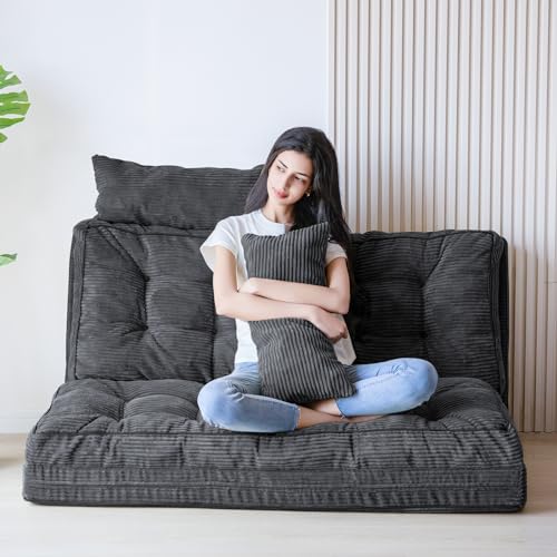 Image of MAXYOYO Folding Sofa Bed, Tufted Bean Bag Bed with Pillows Floor Couch for Adults, Extra Thick and Long Floor Sofa, Full Couch for Bedroom Living Room, Dark Grey, 54x91 Inch