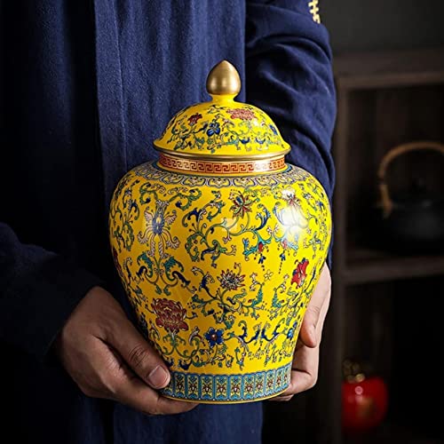 Uzouri Ceramic Jars,Tea Jar,Chinese Style Storage Jars,Decorative Ginger Jars, Ancient Chinese Yellow Porcelain Ceramic Temple Jar, With Sealed Lids, Home Kitchen Dining Decoration #TOP1