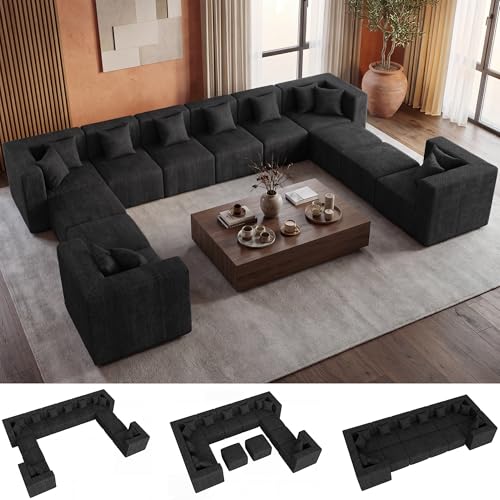 Image of MONVANE Modular Sectional Sofa, Oversized 12 Seat Convertible U Shaped Couch with Ottoman, Comfy Chenille Cloud Couch with Deep Seat, Sectional Couches for Living Room, No Assembly Required, Black