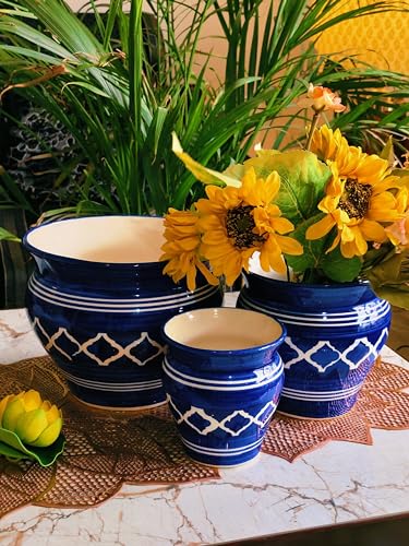 Image of Niyara Stylish Ceramic Pots Planters for Indoor Plants,Succulent,Outdoor,Balcony,Home,Garden,Office (Set of 3) Size -Large 9 inches 7 inches & 5 inches (Moroccan Blue)