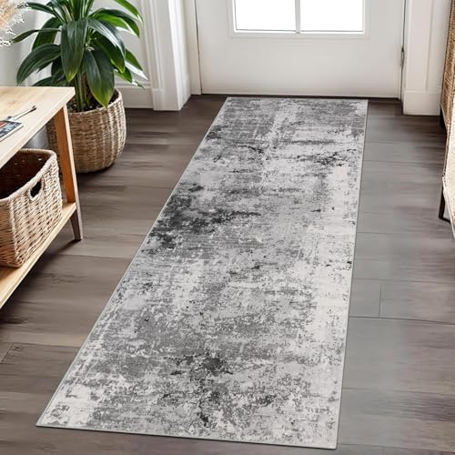 Cekene Abstrakter Teppich Läufer 80X200cm Grau Läufer Flur Waschbarer Flur Teppich rutschfest Küchenläufer Lang Teppichläufer für Eingang Badezimmer Waschküche