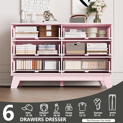 Image of 6 Drawer Dresser for Bedroom, Fluted Dressers Chest of Drawers with Gold Handle, Mid Century Modern Dresser for Closet, Wood Closet Storage Organizer Furniture for Bedroom, Living Room, Hallway, Pink