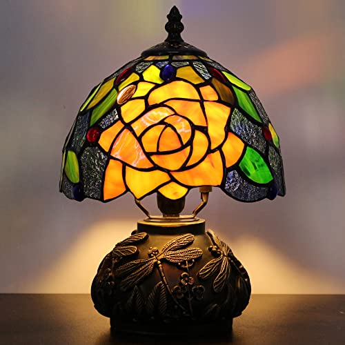 Rhlamps Small Tiffany Lamp W8H11 Inch Stained Glass Yellow Purple Rose Style Table Lamp Bronze Mushroom Type Lamp Mini Accent Lamp Decor Bedroom #TOP4