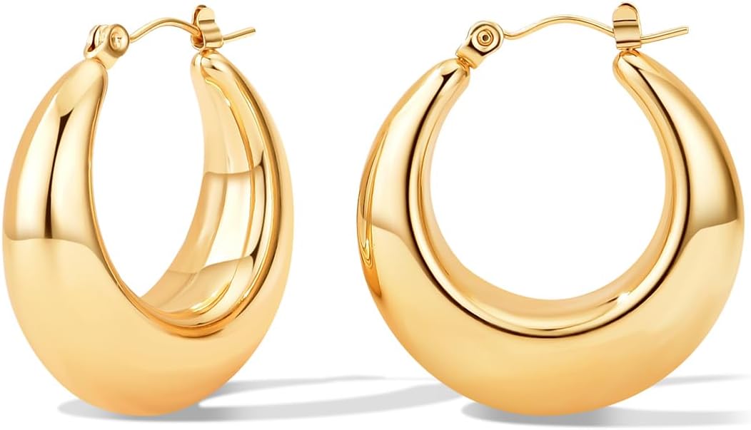 Chunky Gold Hoop Earrings for Women Stainless Steel Cute Fashion Hypoallergenic Earrings Minimalist Jewelry