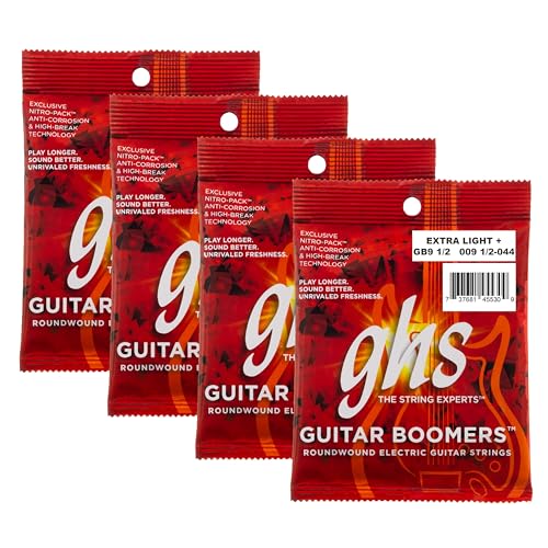 Image of GHS Strings, GB9 1 /2 Boomers, Nickel Plated Steel Electric Guitar Strings, Legendary Strength, Consistent Intonation, Long Lasting Brightness, Tone & Sustain. 6-String Guitar 9.5-44 XLT+ Gauge 4 Pack