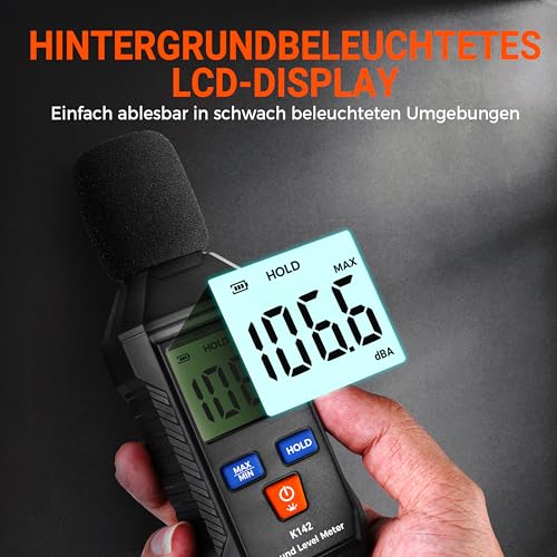 KENMIC Schallpegelmesser, Digitales Dezibelmessgerät (Bereich 35 – 130 dB(A)) mit Hintergrundbeleuchtetem LCD-Display, MAX/MIN-Datenspeicherung, Tragbares Schalldruckmessgerät für den Einsatz zu Haus