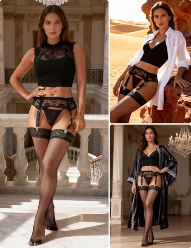 Image of Women Floral Lace Garter Belt Plus Size Mesh Suspender Belt Set with 4 Straps Metal Clip for Thigh Highs