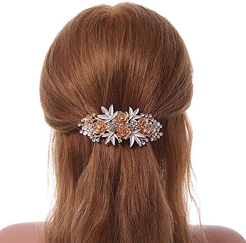 Large Two Tone Diamante Rose & Daisy Floral Barrette Hair Clip Grip (Rose Gold/Matt Silver Tone) - 10cm Across - Image 3