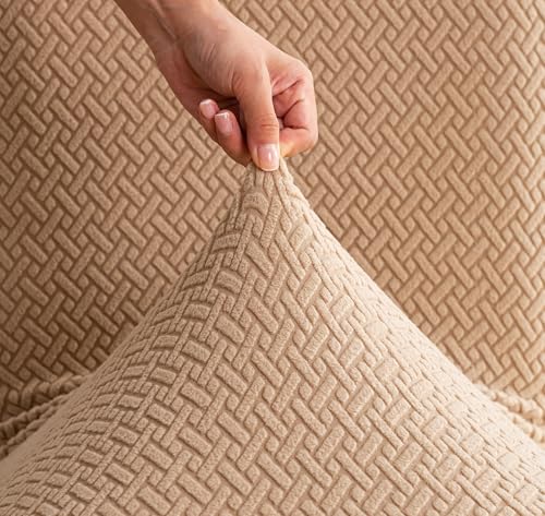 Image of House of Quirk Elastic Jacquard Chair Cover Stretch Removable Washable Short Dining Chair Cover Protector Seat Slipcover (Pack of 2, Khaki)