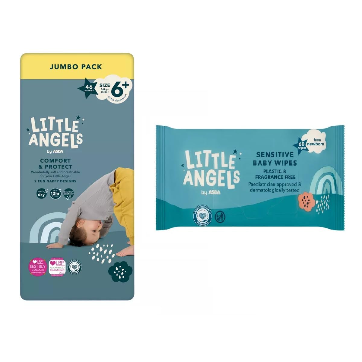 Little Angels Size 6+ Nappies Jumbo 46 Pack + 60 Fragrance Free Baby Wipes