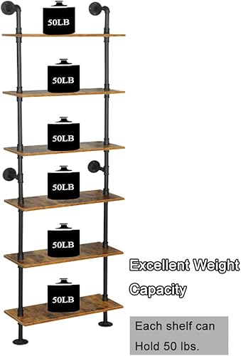 Miniatura 7 de Estantería industrial de 6 niveles para montaje en pared con marco de metal y estantes de madera para el hogar, sala de estar, oficina
