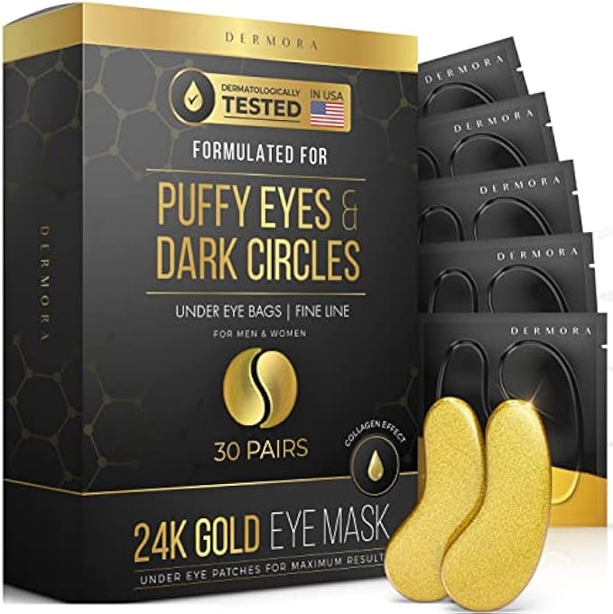 DERMORA 24K Gold Eye Mask Puffy Eyes and Dark Circles Treatments Look Less Tired and Refresh Your Skin, 30 Pairs