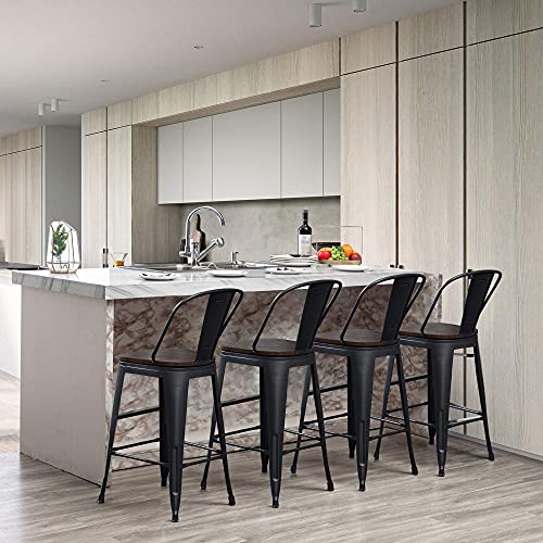 Yongqiang 26" Bar Stools Set Of 4 High Back Metal Counter Height Chairs Barstools With Wooden Seat Industrial Matte Black #TOP6