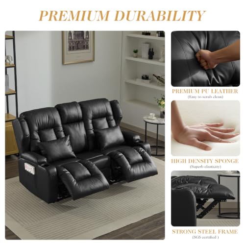 Image of Loveseat Recliner Sofa,RV Wall Hugger Recliners for Small Spaces,Reclining Loveseat Sofa Recliner with Cup Holders /Lumbar Pillows,RV Furniture (PU Black, Loveseat with Flip-up Console)