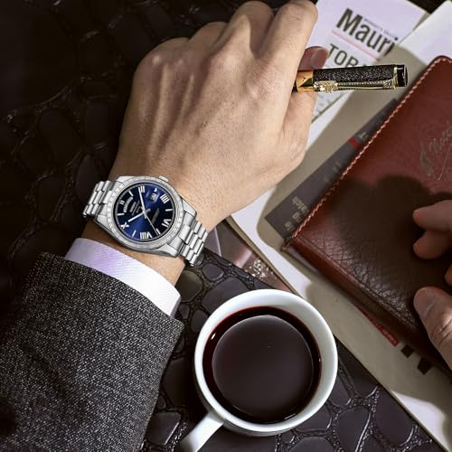 Image of NIBOSI Watches for Men Analog Quartz Diamond Bezel Stainless Steel Dial Rose Gold Silver Mens Watch Waterproof Business Classic Dress Wrist Watch with Day Date