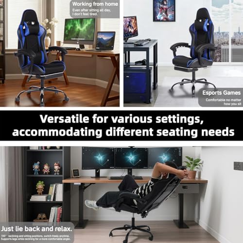 Image of Gaming Desk Chair for Adults, Ergonomic Gaming Chair with Footrest & Headrest and Lumbar Support, Leather Material Height Adjustable Computer Video Game Chairs (Blue Upgrade)