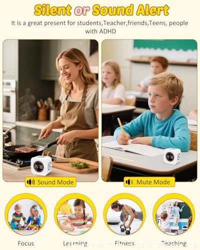 Image of Digital Pomodoro Timer Cube 5 /10 /25 /50min, Visual Productivity Flip Timer for Kids Classroom Desk, Custom Countdown, Silent and Sound Mode for ADHD Study Work Game Kitchen (White)