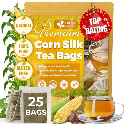 Image of FreshDrinkUS, Premium 25 Tea Bags Corn Silk Tea, 100% Natural & Pure from Corn Silk. Herbal Tea. Clean Ingredients. Made with Natural Material Tea Bags. No Sugar, No Caffeine, Vegan.