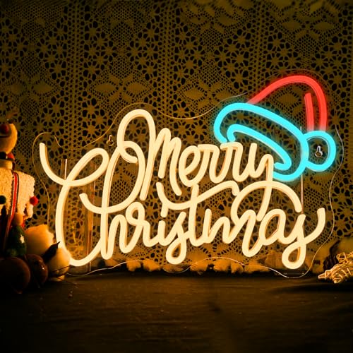 LUCUNSTAR Merry Christmas Hat Neon Light Sign Xman Neon Signs for Wall Decor Christmas Neon Light Sign with USB Powered for Indoor Windows Kids Bedroom Living Room Bar Pub Club