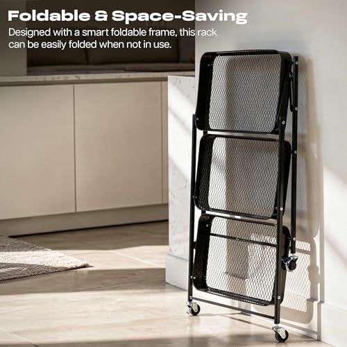 Image of Multipurpose Foldable Kitchen Storage Trolley | Heavy Metal 3-Tier Utility Cart for Storage | Portable Cart for Kitchen, Bedroom, Office | Kitchen Rack with Lockable Wheels (Black)