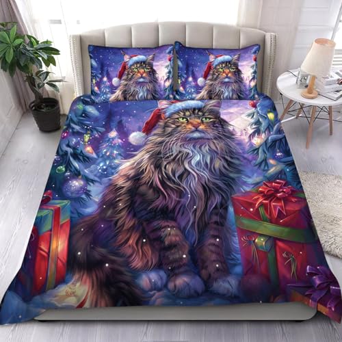 HYPESTYLE Custom Size Majestic Long-Haired Cat Comforter Set by Symphique Team 3pcs Colorful Comforter Set Bedding Set for Kids Adults Soft Bed Set with 2 Pillowcases